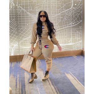 Letters Embroidery Long Hoodie Crop Top Pants